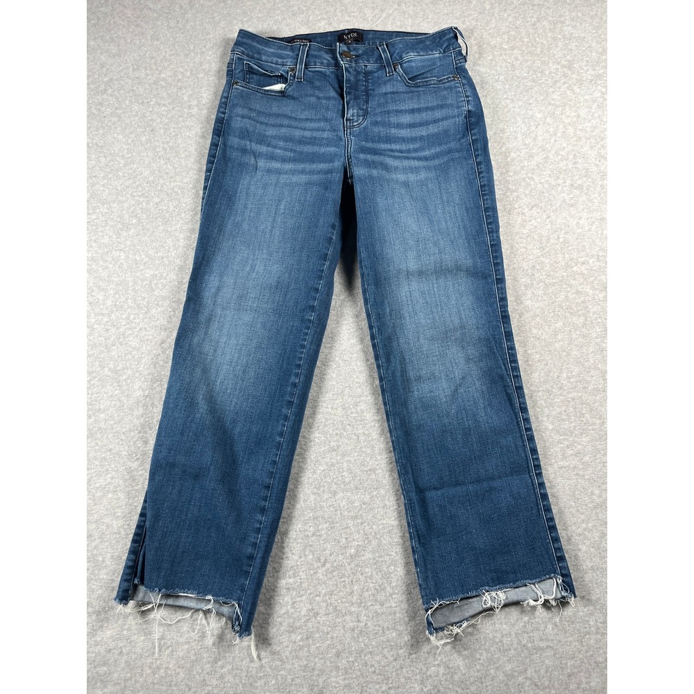 NYDJ Marilyn Straight Jean Women 4 Blue Raw Hem Mid Rise Dark Wash Stretch Denim